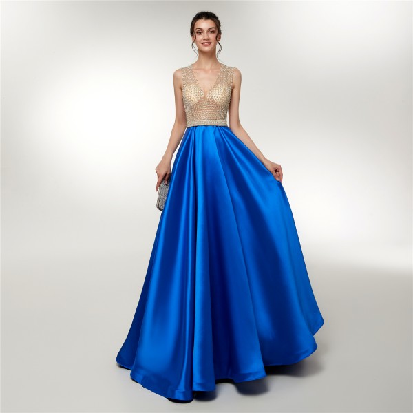 Royal Blue Satin Ball Gown Prom Dress Elegant Formal Gowns Women ...